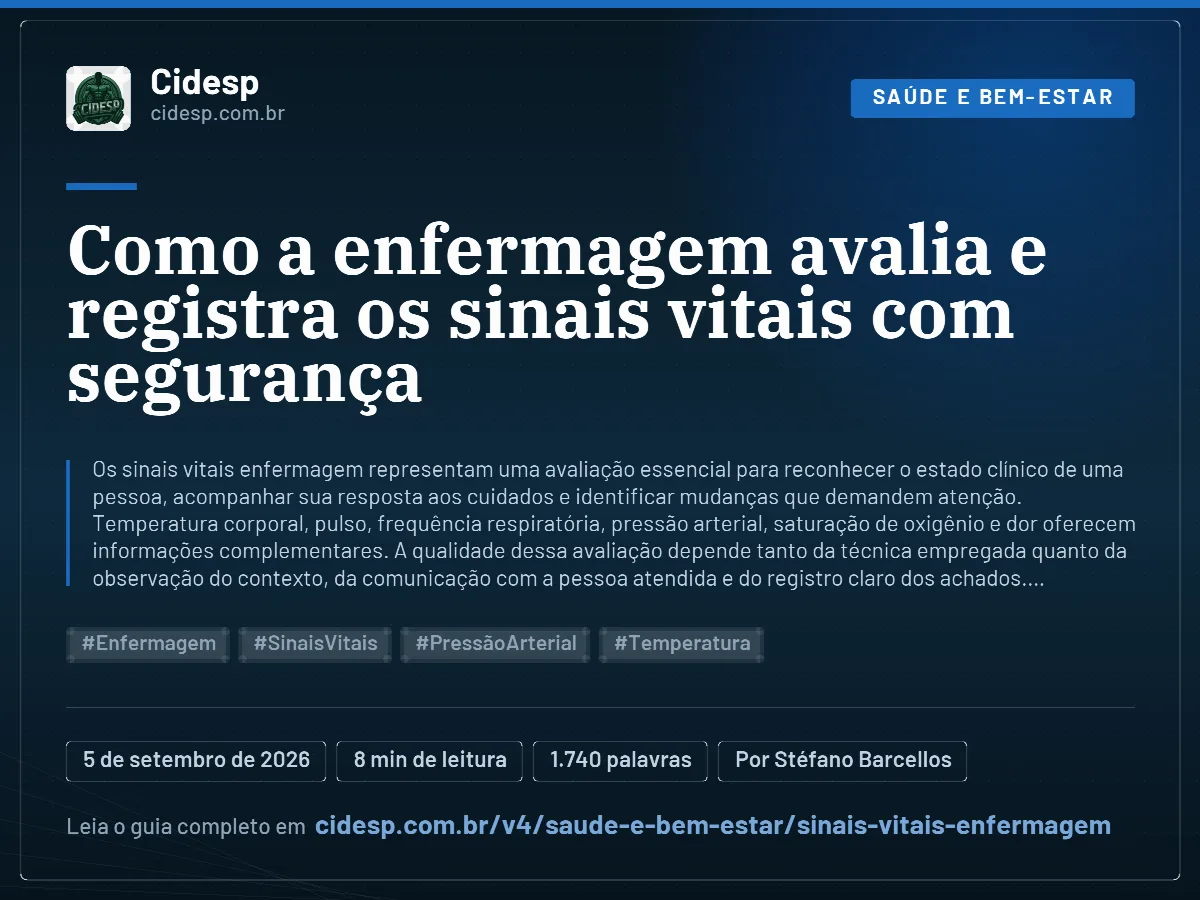 Cartão do artigo “Como a enfermagem avalia e registra os sinais vitais com segurança”, com resumo, data de publicação e endereço da página.