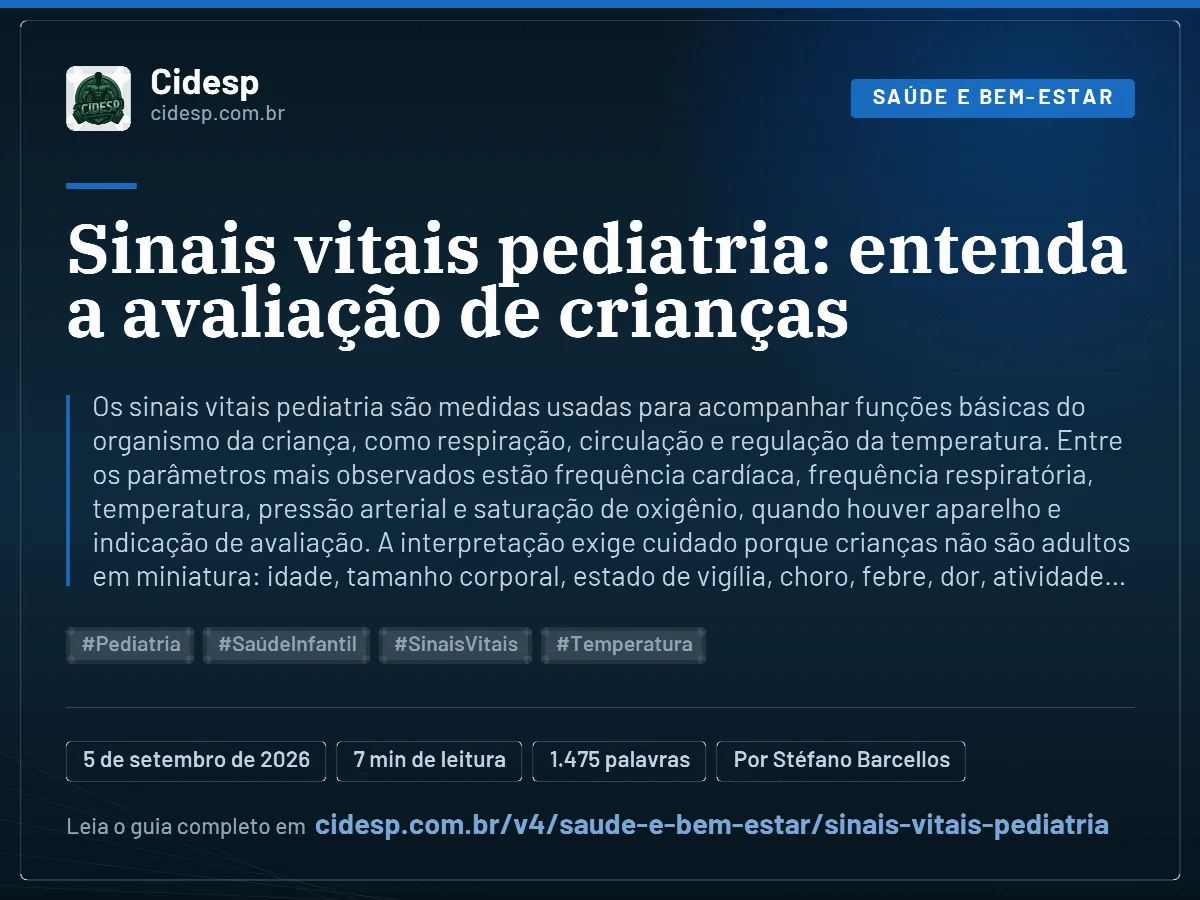 Cartão do artigo “Sinais vitais pediatria: entenda a avaliação de crianças”, com resumo, data de publicação e endereço da página.