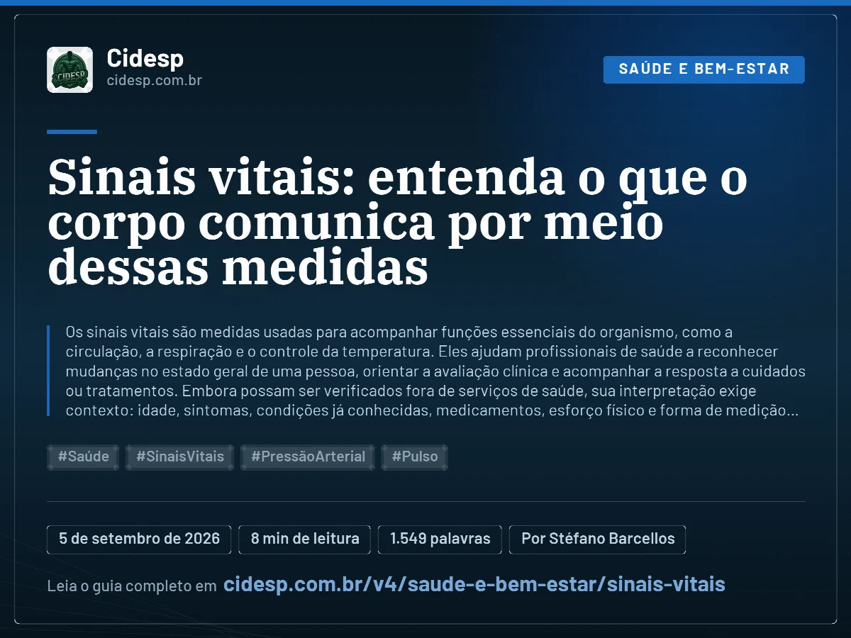 Cartão do artigo “Sinais vitais: entenda o que o corpo comunica por meio dessas medidas”, com resumo, data de publicação e endereço da página.