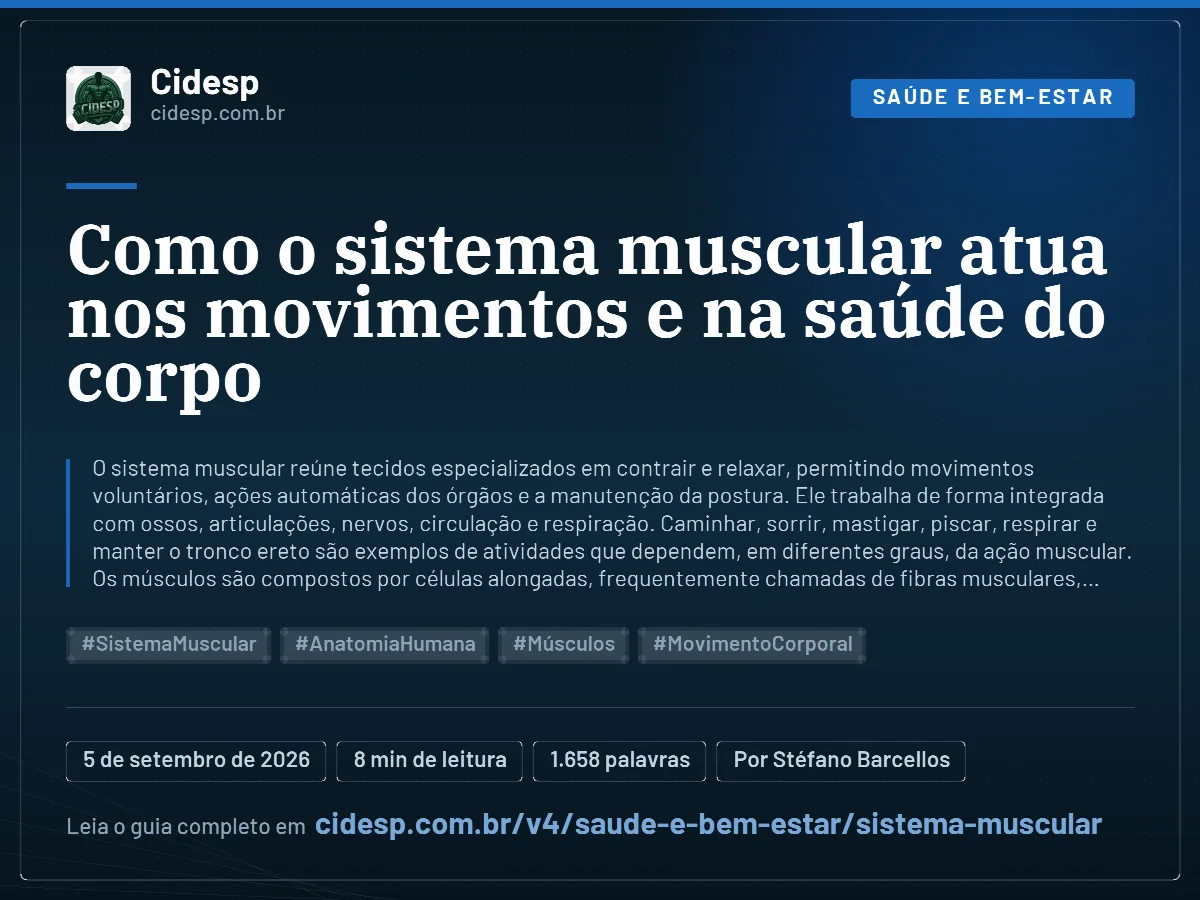 Cartão do artigo “Como o sistema muscular atua nos movimentos e na saúde do corpo”, com resumo, data de publicação e endereço da página.