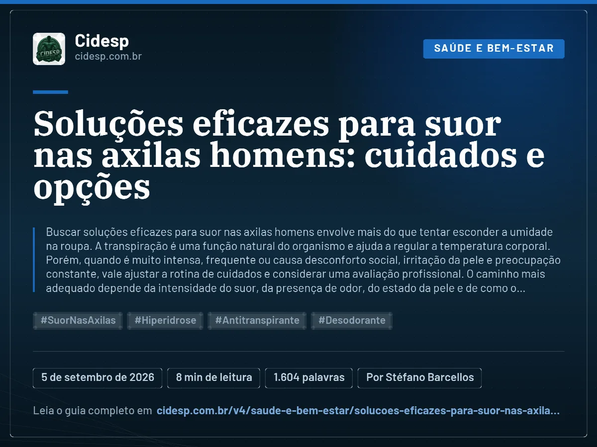 Cartão do artigo “Soluções eficazes para suor nas axilas homens: cuidados e opções”, com resumo, data de publicação e endereço da página.