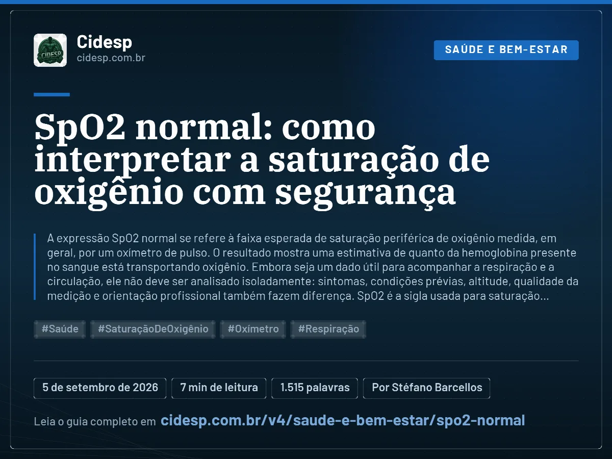 Cartão do artigo “SpO2 normal: como interpretar a saturação de oxigênio com segurança”, com resumo, data de publicação e endereço da página.