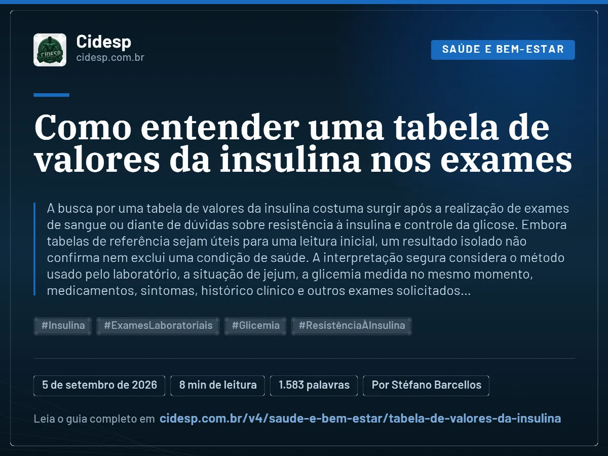 Cartão do artigo “Como entender uma tabela de valores da insulina nos exames”, com resumo, data de publicação e endereço da página.