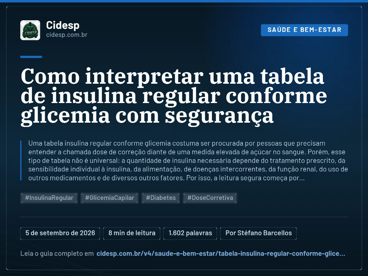 Cartão do artigo “Como interpretar uma tabela de insulina regular conforme glicemia com segurança”, com resumo, data de publicação e endereço da página.