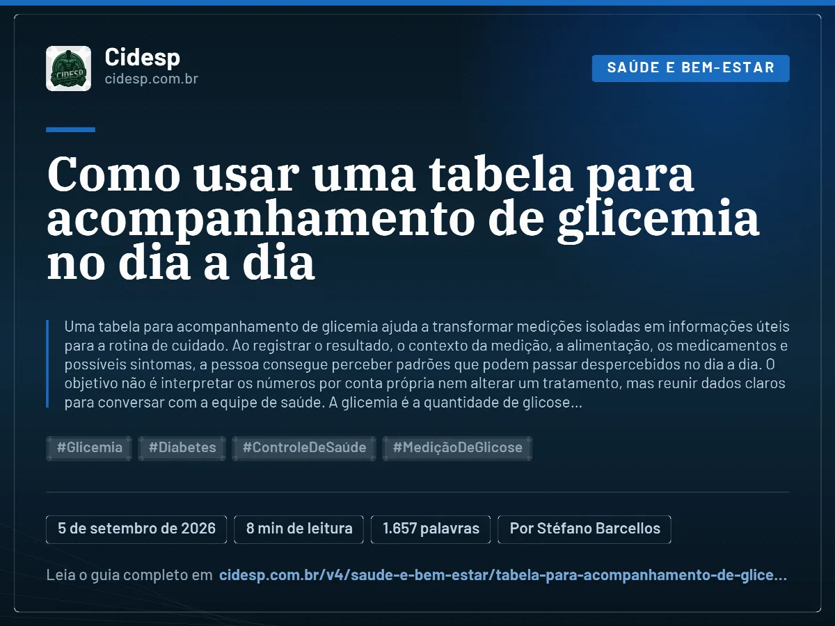 Cartão do artigo “Como usar uma tabela para acompanhamento de glicemia no dia a dia”, com resumo, data de publicação e endereço da página.