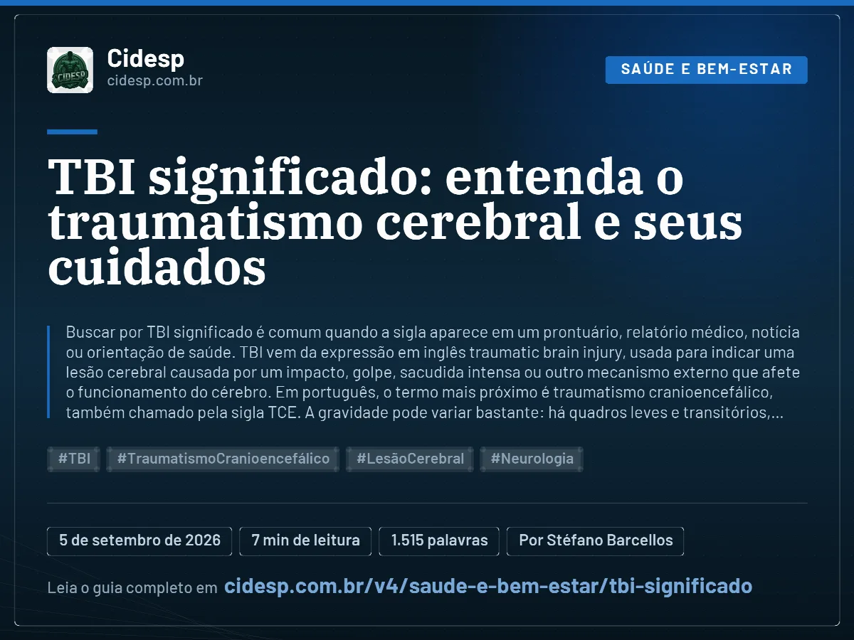 Cartão do artigo “TBI significado: entenda o traumatismo cerebral e seus cuidados”, com resumo, data de publicação e endereço da página.