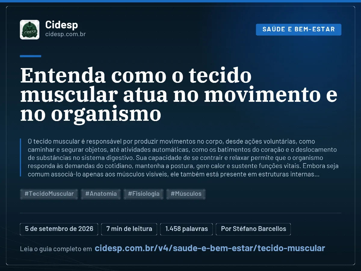Cartão do artigo “Entenda como o tecido muscular atua no movimento e no organismo”, com resumo, data de publicação e endereço da página.