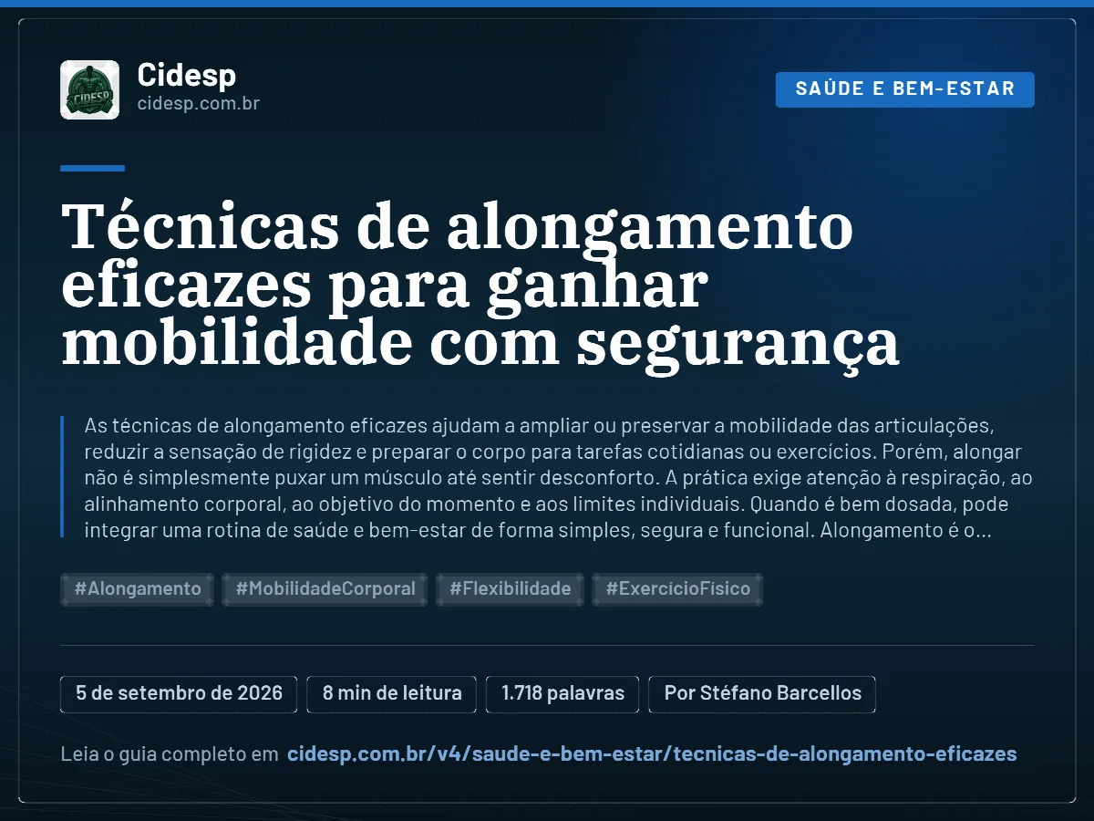 Cartão do artigo “Técnicas de alongamento eficazes para ganhar mobilidade com segurança”, com resumo, data de publicação e endereço da página.
