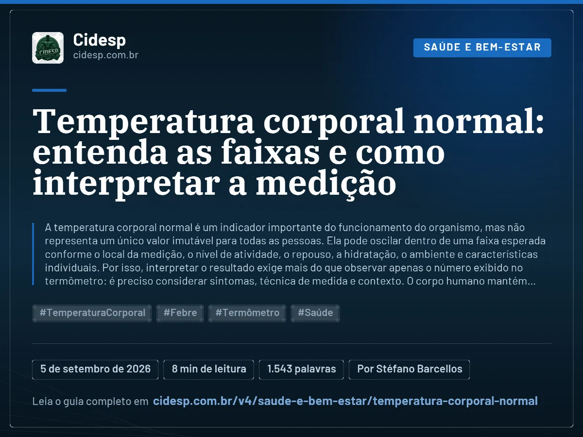 Cartão do artigo “Temperatura corporal normal: entenda as faixas e como interpretar a medição”, com resumo, data de publicação e endereço da página.