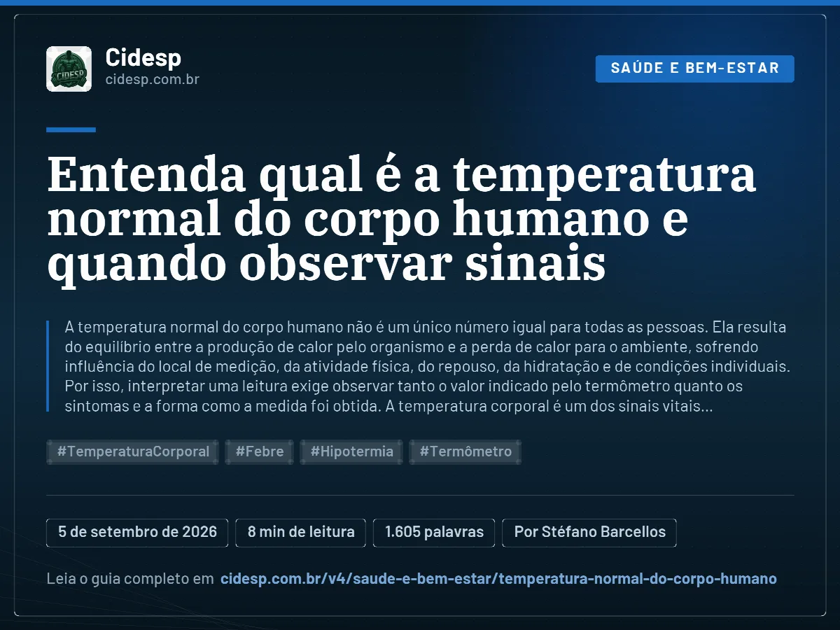 Cartão do artigo “Entenda qual é a temperatura normal do corpo humano e quando observar sinais”, com resumo, data de publicação e endereço da página.