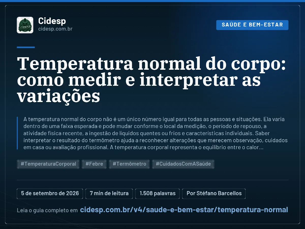 Cartão do artigo “Temperatura normal do corpo: como medir e interpretar as variações”, com resumo, data de publicação e endereço da página.