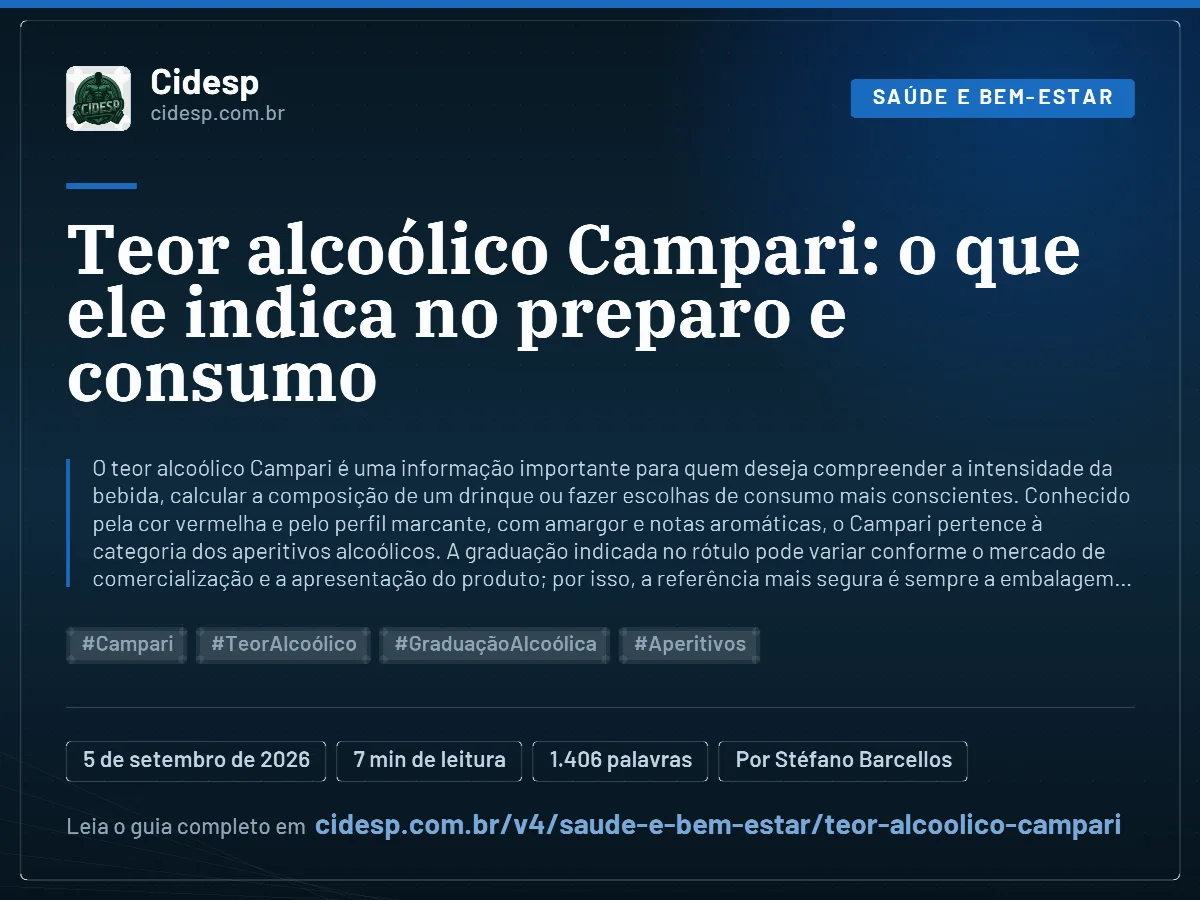 Cartão do artigo “Teor alcoólico Campari: o que ele indica no preparo e consumo”, com resumo, data de publicação e endereço da página.