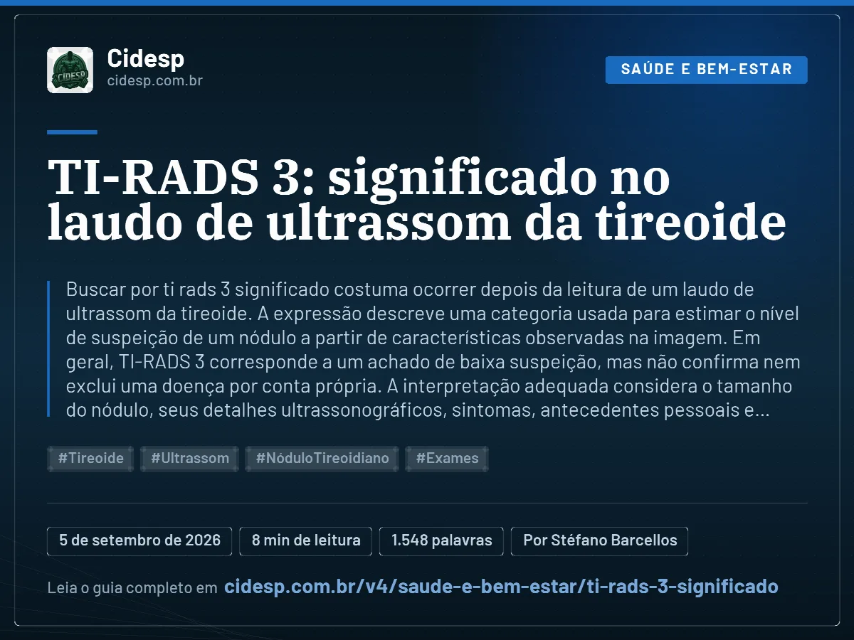 Cartão do artigo “TI-RADS 3: significado no laudo de ultrassom da tireoide”, com resumo, data de publicação e endereço da página.
