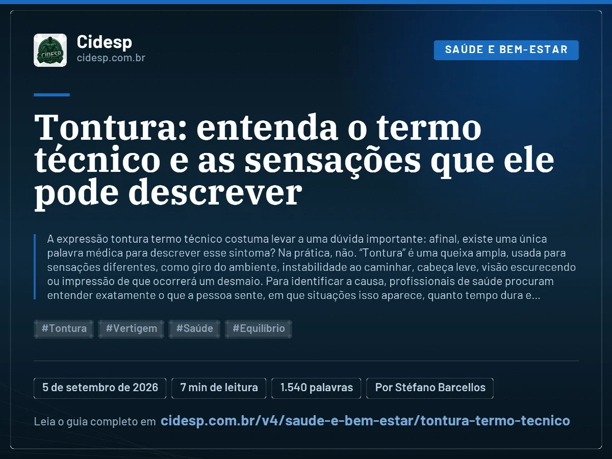 Cartão do artigo “Tontura: entenda o termo técnico e as sensações que ele pode descrever”, com resumo, data de publicação e endereço da página.