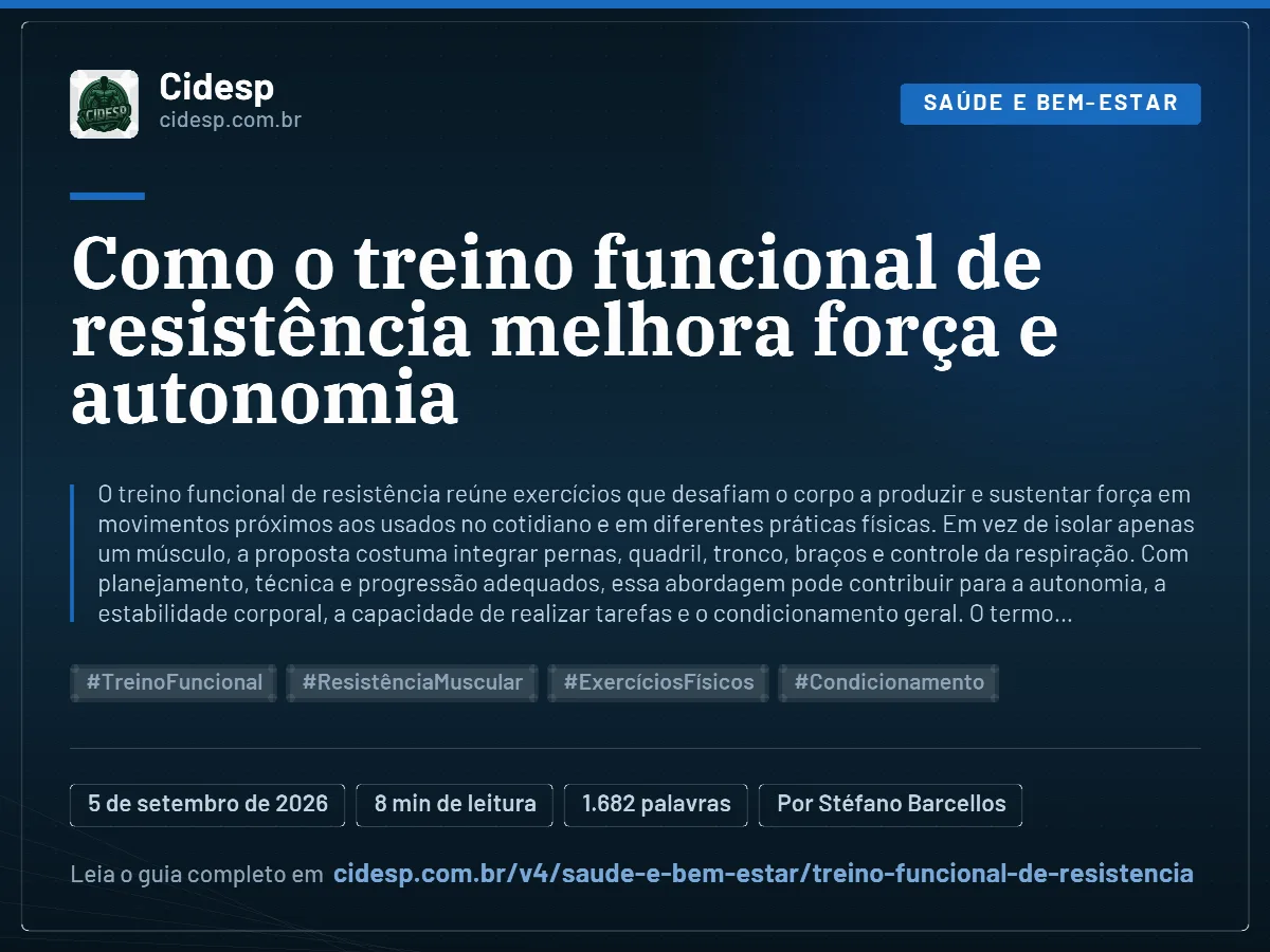 Cartão do artigo “Como o treino funcional de resistência melhora força e autonomia”, com resumo, data de publicação e endereço da página.