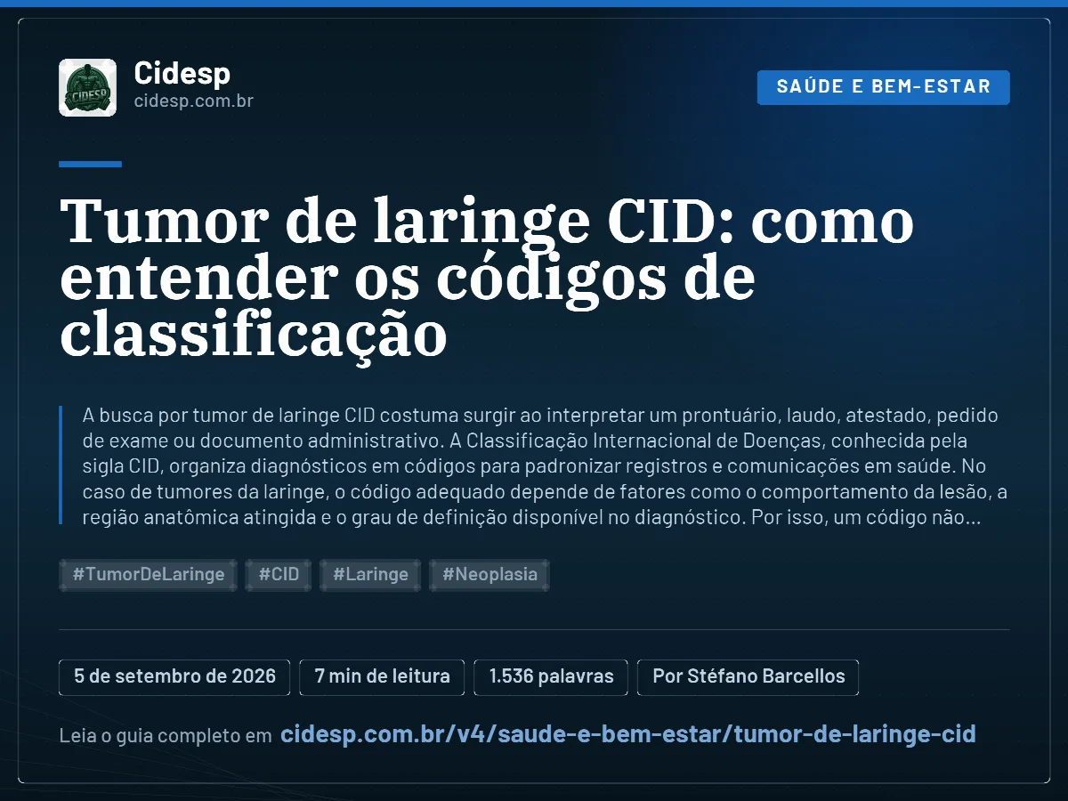 Cartão do artigo “Tumor de laringe CID: como entender os códigos de classificação”, com resumo, data de publicação e endereço da página.