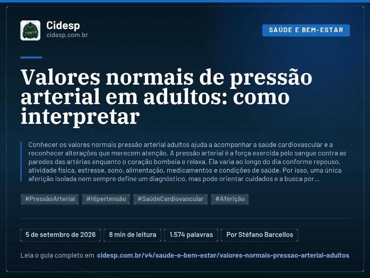 Cartão do artigo “Valores normais de pressão arterial em adultos: como interpretar”, com resumo, data de publicação e endereço da página.