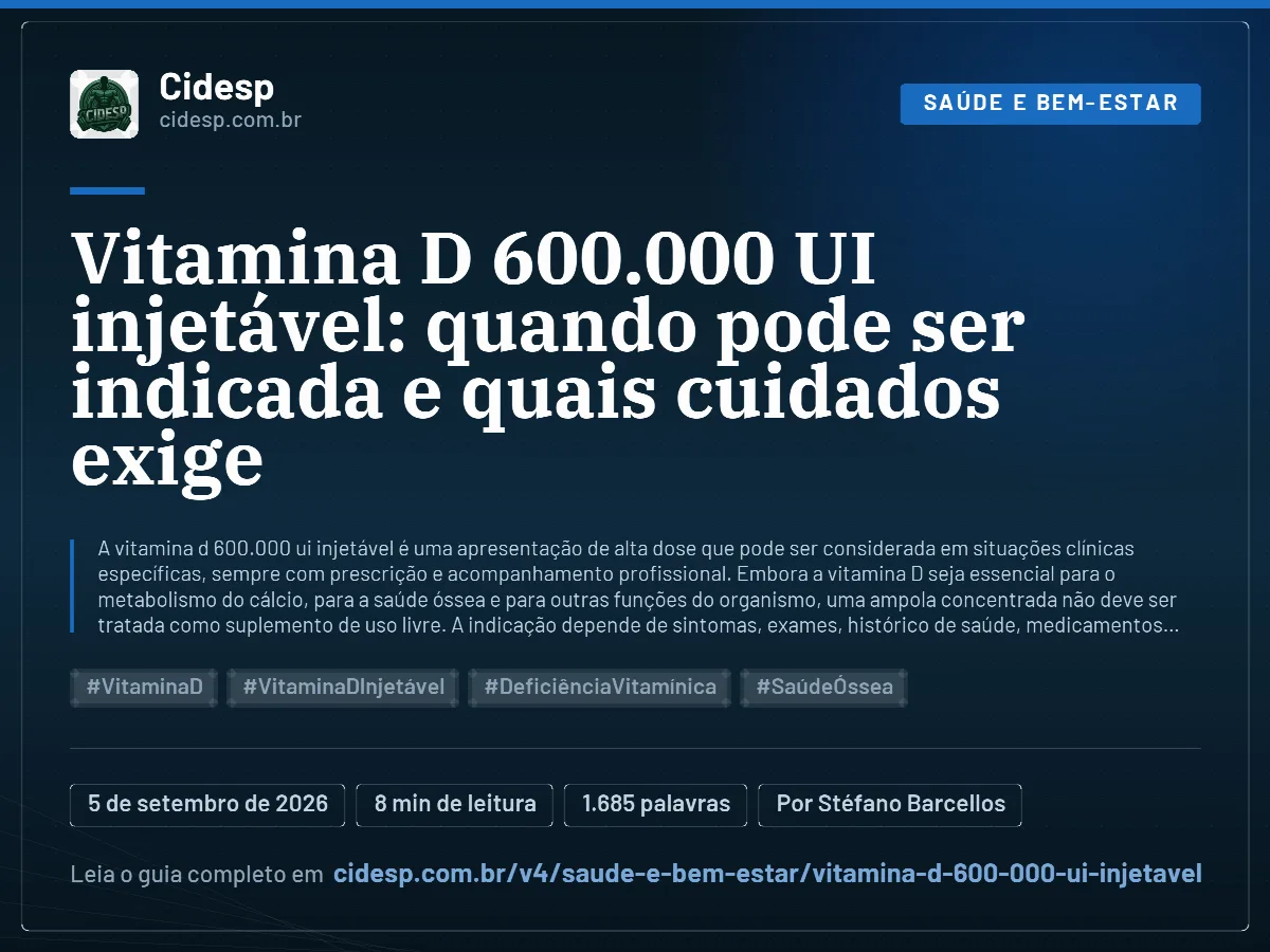 Cartão do artigo “Vitamina D 600.000 UI injetável: quando pode ser indicada e quais cuidados exige”, com resumo, data de publicação e endereço da página.