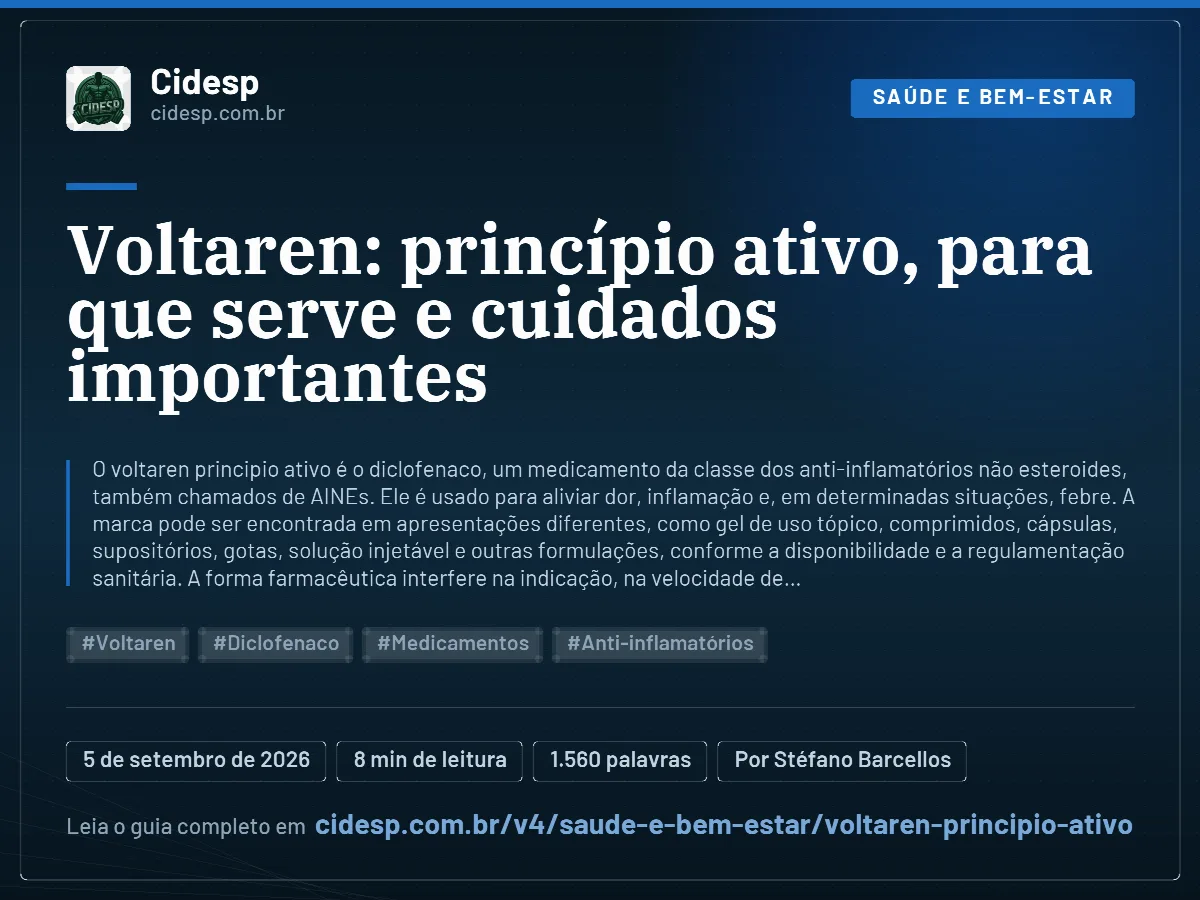 Cartão do artigo “Voltaren: princípio ativo, para que serve e cuidados importantes”, com resumo, data de publicação e endereço da página.