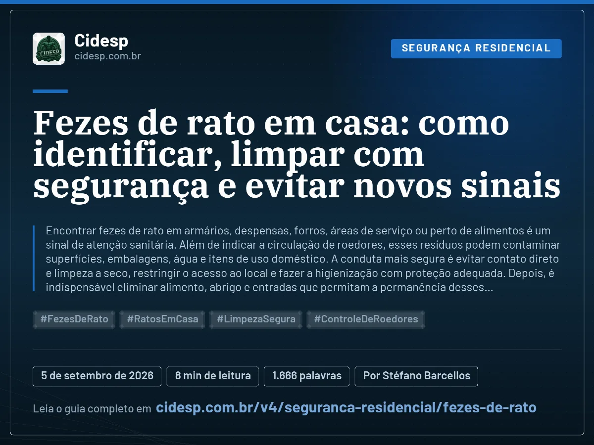 Cartão do artigo “Fezes de rato em casa: como identificar, limpar com segurança e evitar novos sinais”, com resumo, data de publicação e endereço da página.