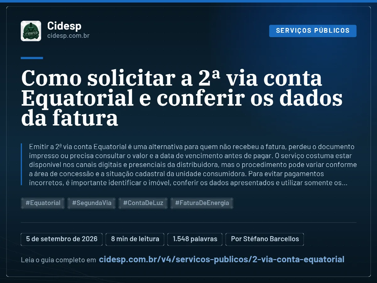 Cartão do artigo “Como solicitar a 2ª via conta Equatorial e conferir os dados da fatura”, com resumo, data de publicação e endereço da página.
