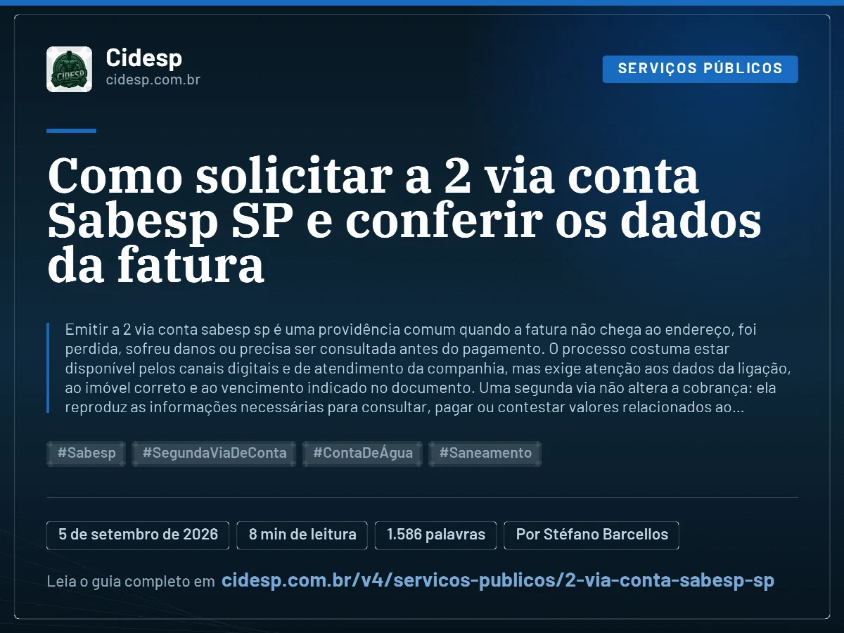 Cartão do artigo “Como solicitar a 2 via conta Sabesp SP e conferir os dados da fatura”, com resumo, data de publicação e endereço da página.
