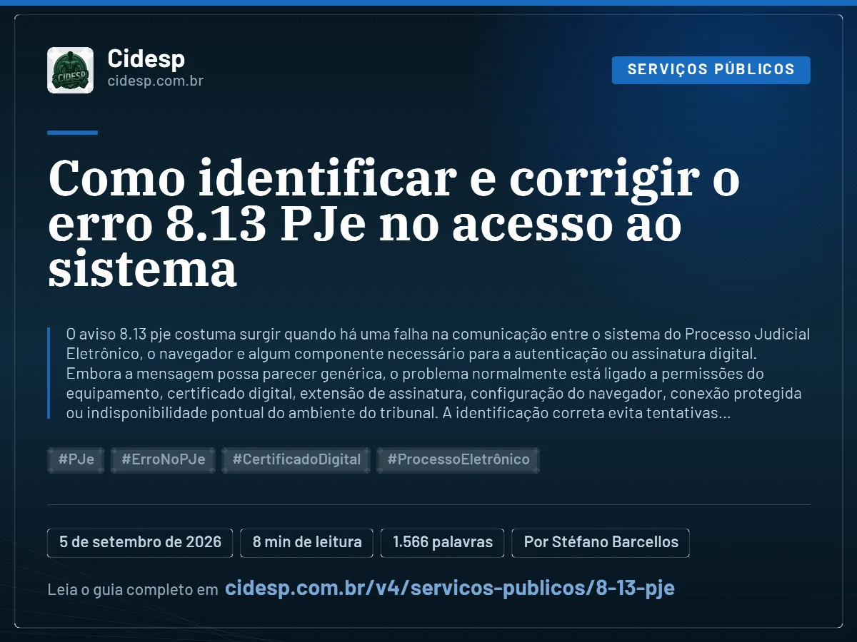 Cartão do artigo “Como identificar e corrigir o erro 8.13 PJe no acesso ao sistema”, com resumo, data de publicação e endereço da página.