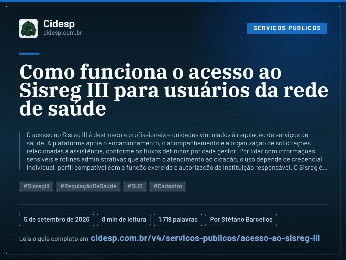 Cartão do artigo “Como funciona o acesso ao Sisreg III para usuários da rede de saúde”, com resumo, data de publicação e endereço da página.