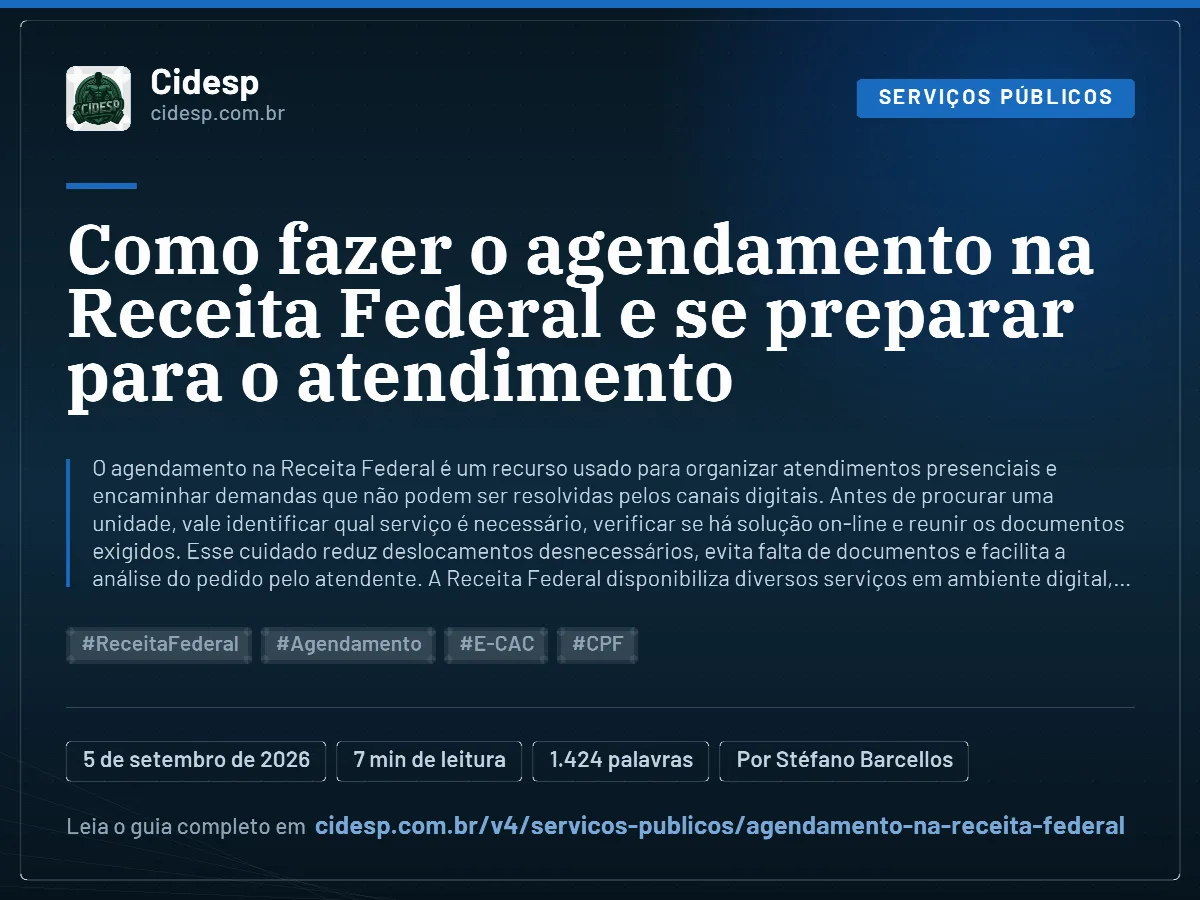 Cartão do artigo “Como fazer o agendamento na Receita Federal e se preparar para o atendimento”, com resumo, data de publicação e endereço da página.