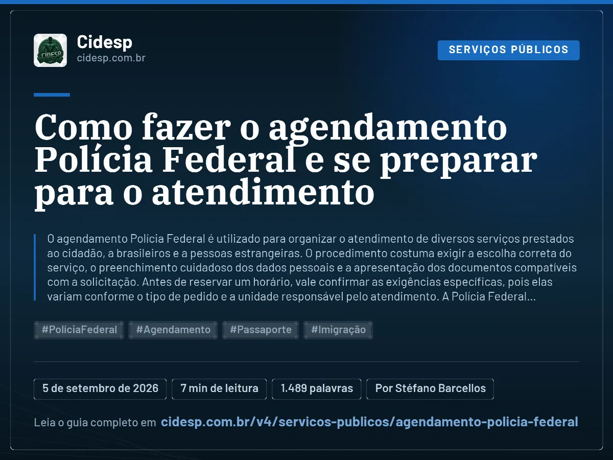 Cartão do artigo “Como fazer o agendamento Polícia Federal e se preparar para o atendimento”, com resumo, data de publicação e endereço da página.