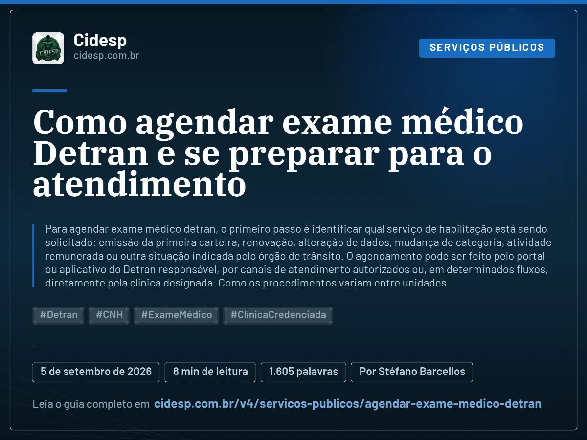 Cartão do artigo “Como agendar exame médico Detran e se preparar para o atendimento”, com resumo, data de publicação e endereço da página.