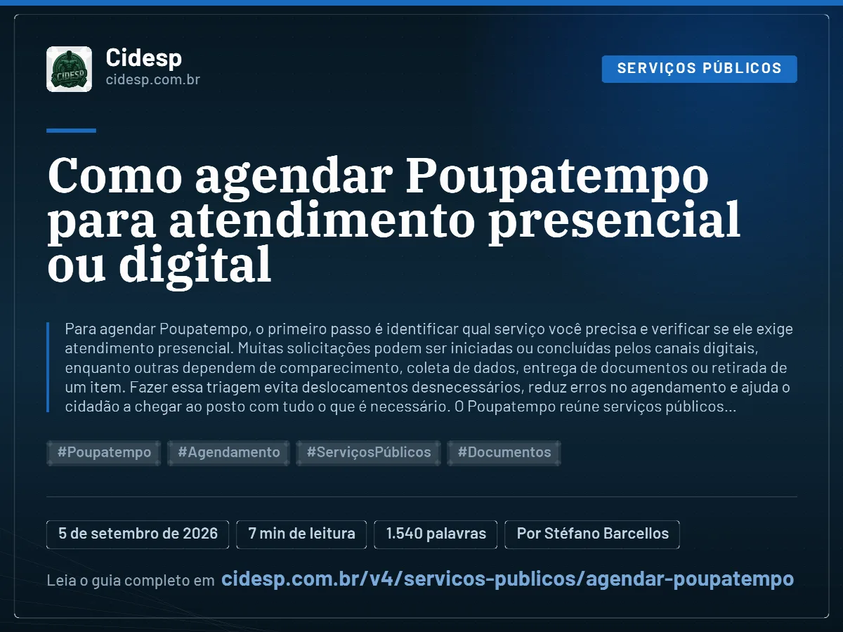 Cartão do artigo “Como agendar Poupatempo para atendimento presencial ou digital”, com resumo, data de publicação e endereço da página.
