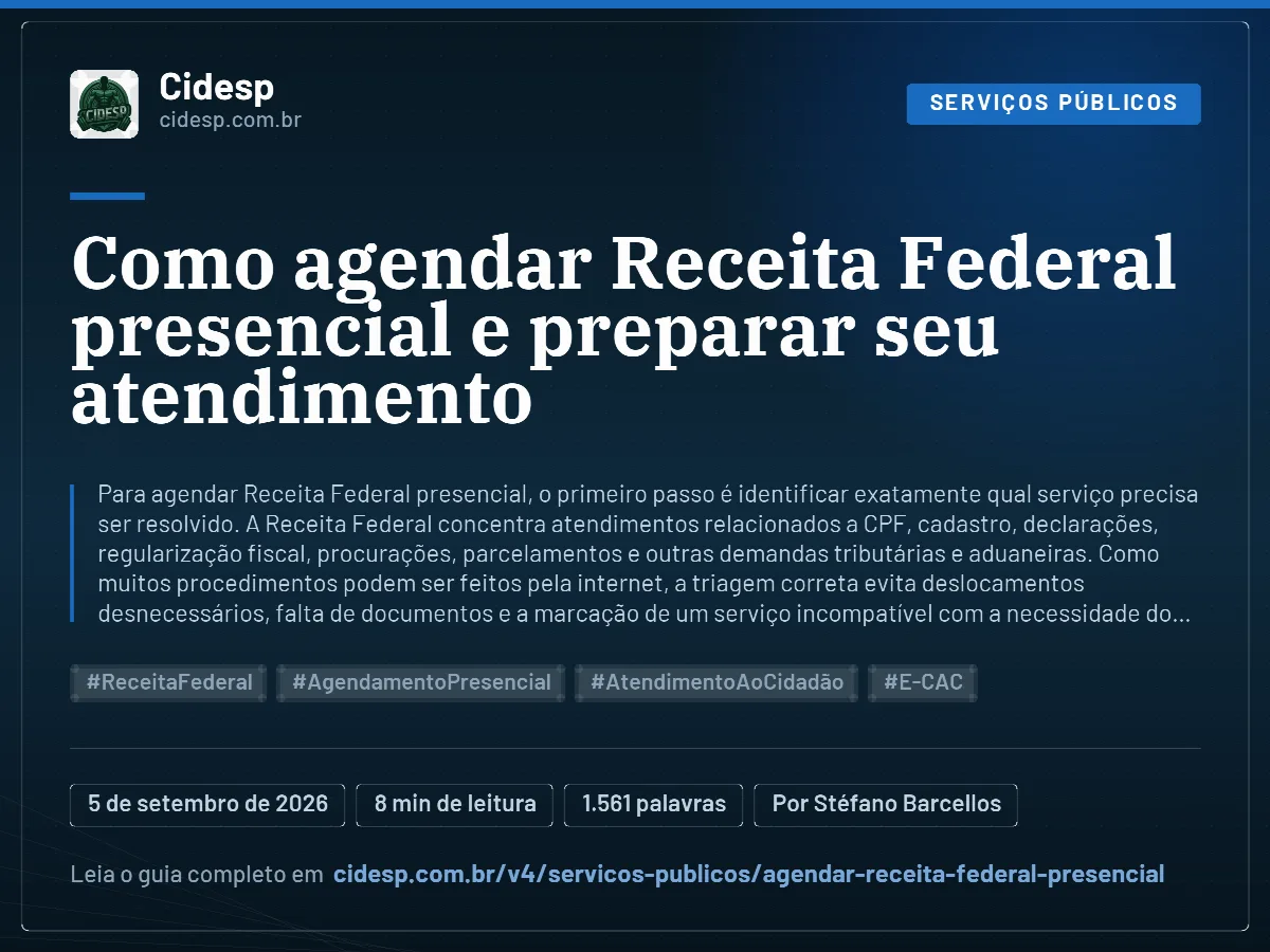 Cartão do artigo “Como agendar Receita Federal presencial e preparar seu atendimento”, com resumo, data de publicação e endereço da página.