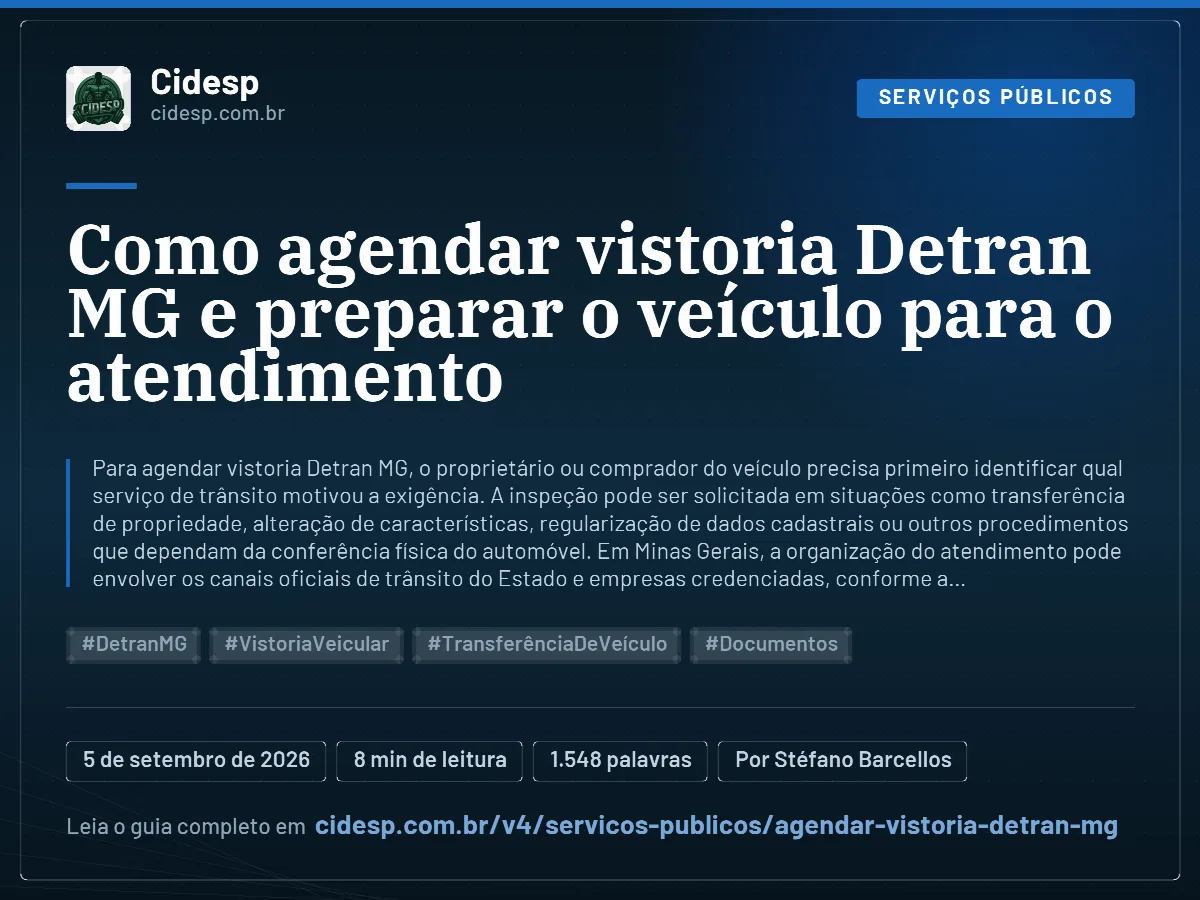Cartão do artigo “Como agendar vistoria Detran MG e preparar o veículo para o atendimento”, com resumo, data de publicação e endereço da página.