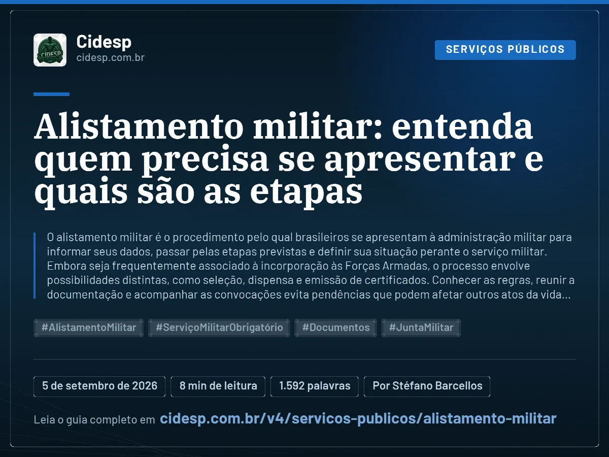Cartão do artigo “Alistamento militar: entenda quem precisa se apresentar e quais são as etapas”, com resumo, data de publicação e endereço da página.