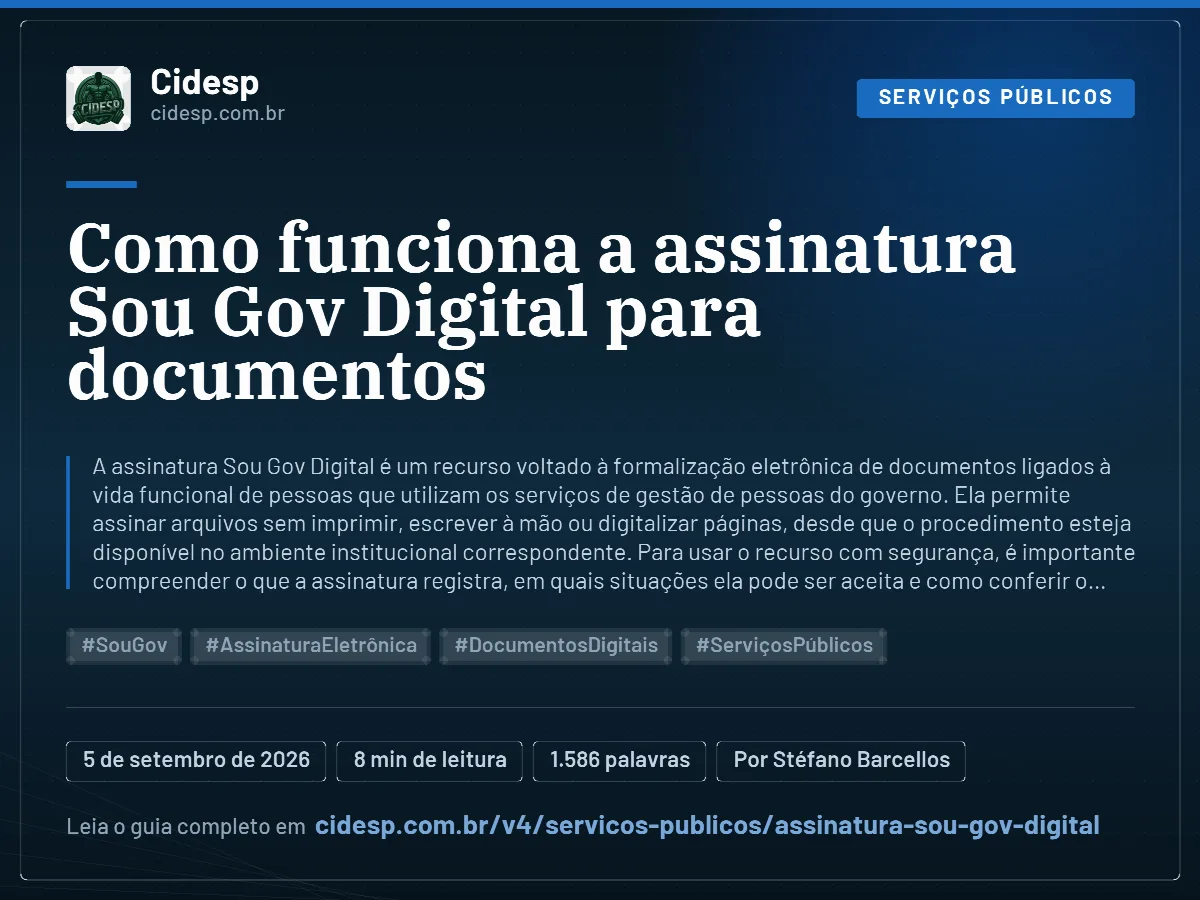 Cartão do artigo “Como funciona a assinatura Sou Gov Digital para documentos”, com resumo, data de publicação e endereço da página.