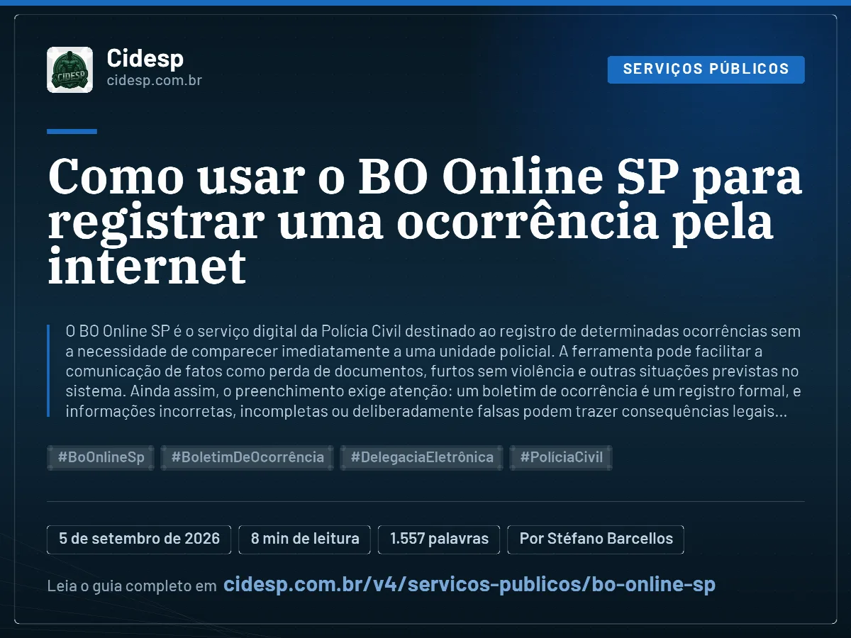 Cartão do artigo “Como usar o BO Online SP para registrar uma ocorrência pela internet”, com resumo, data de publicação e endereço da página.