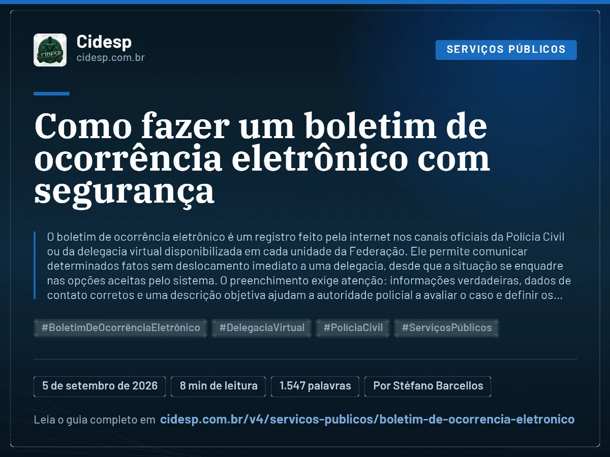 Cartão do artigo “Como fazer um boletim de ocorrência eletrônico com segurança”, com resumo, data de publicação e endereço da página.