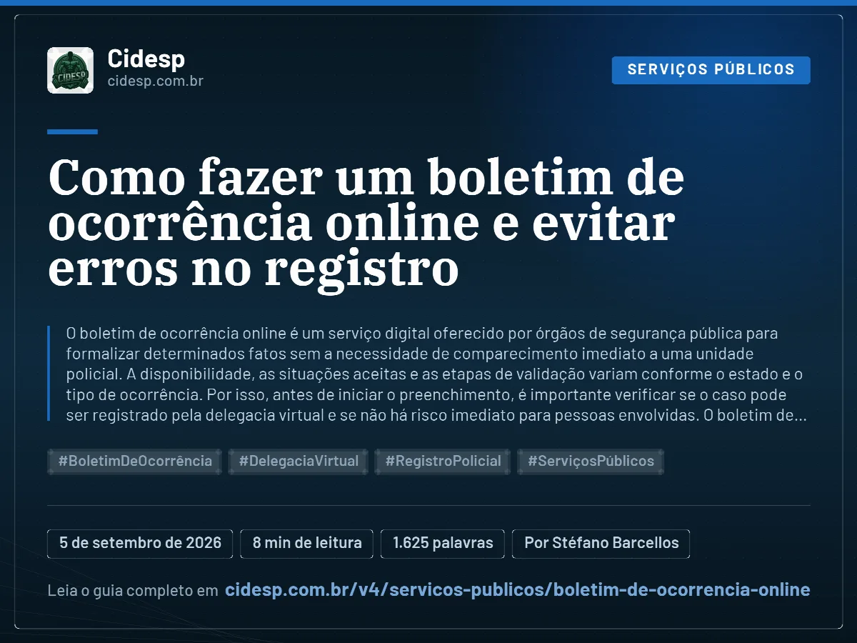 Cartão do artigo “Como fazer um boletim de ocorrência online e evitar erros no registro”, com resumo, data de publicação e endereço da página.