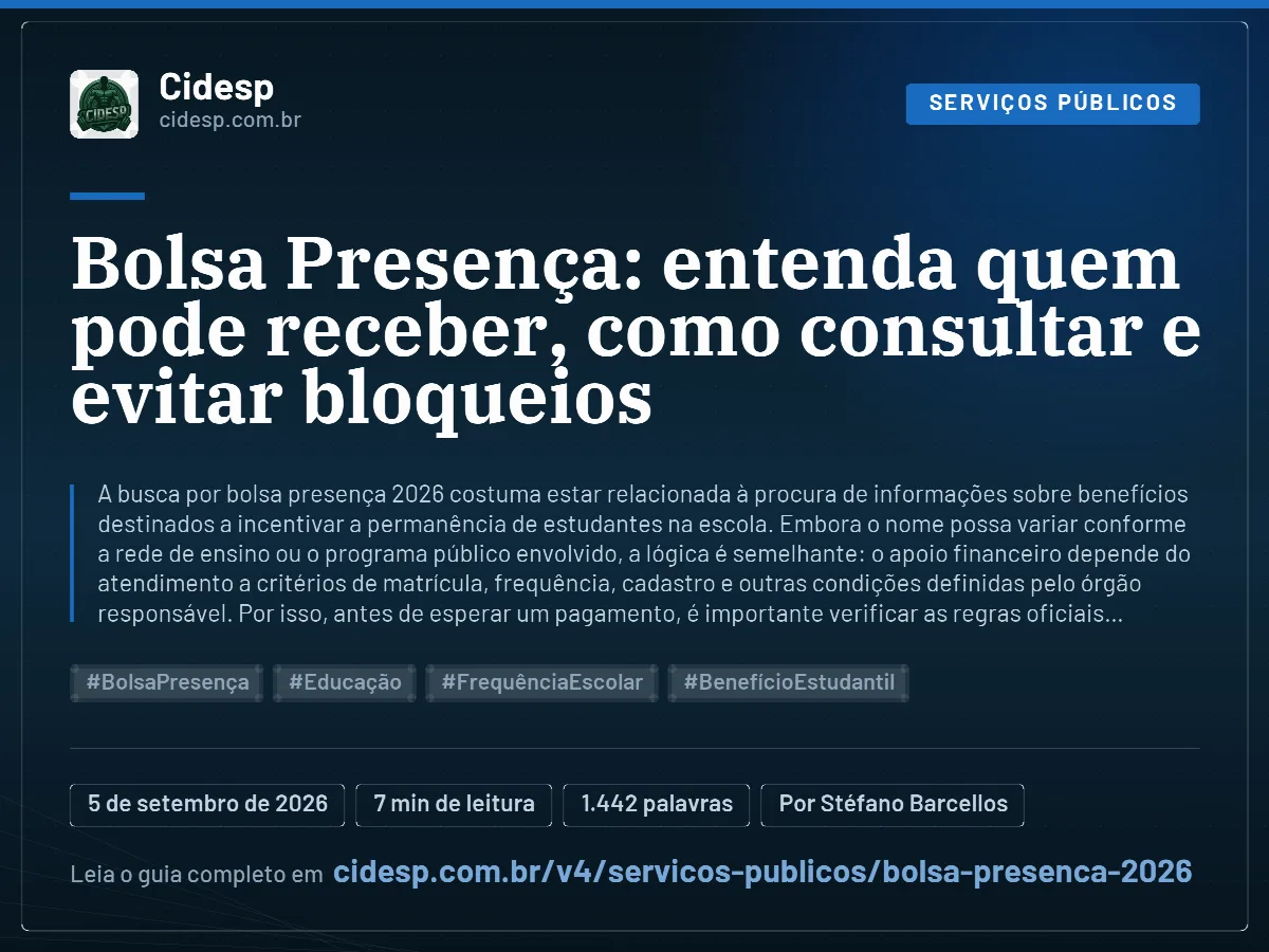 Cartão do artigo “Bolsa Presença: entenda quem pode receber, como consultar e evitar bloqueios”, com resumo, data de publicação e endereço da página.