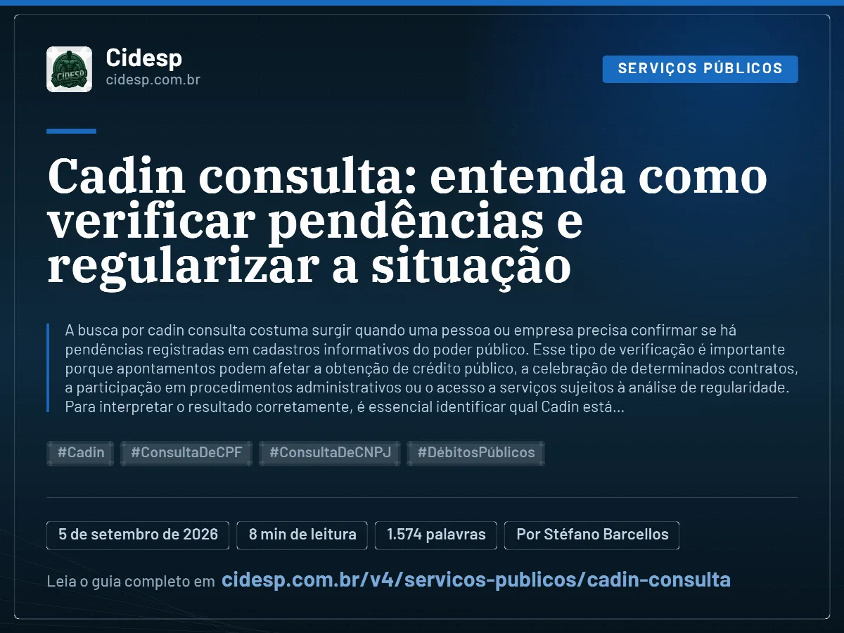 Cartão do artigo “Cadin consulta: entenda como verificar pendências e regularizar a situação”, com resumo, data de publicação e endereço da página.