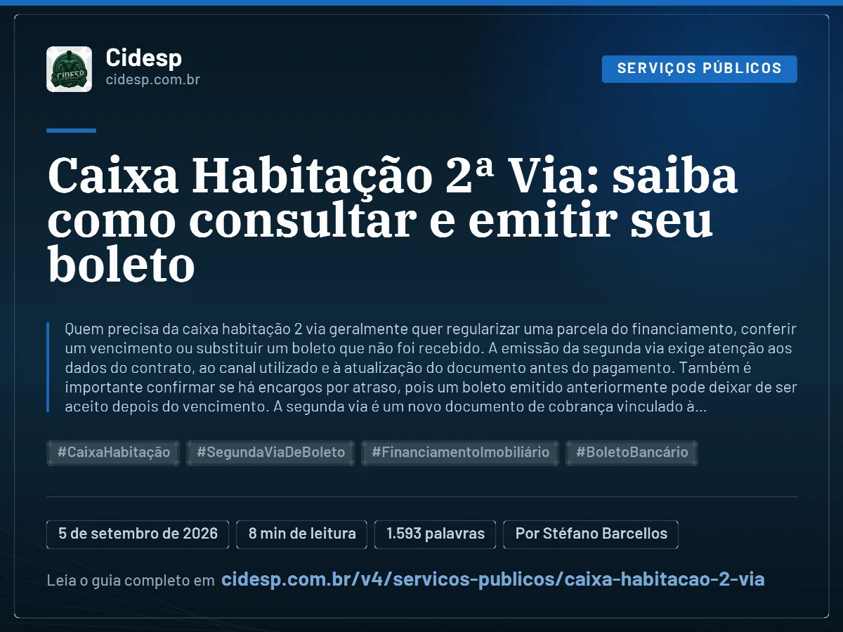 Cartão do artigo “Caixa Habitação 2ª Via: saiba como consultar e emitir seu boleto”, com resumo, data de publicação e endereço da página.