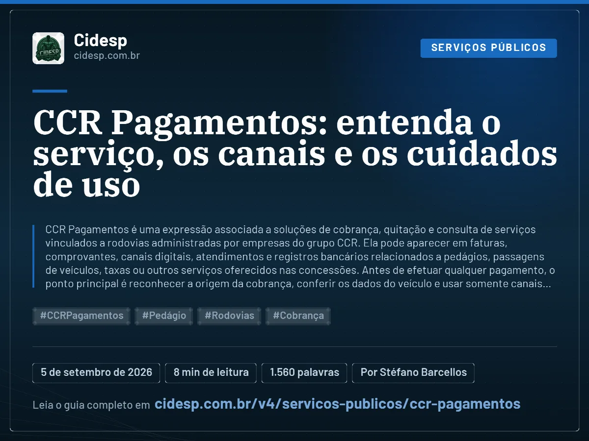 Cartão do artigo “CCR Pagamentos: entenda o serviço, os canais e os cuidados de uso”, com resumo, data de publicação e endereço da página.