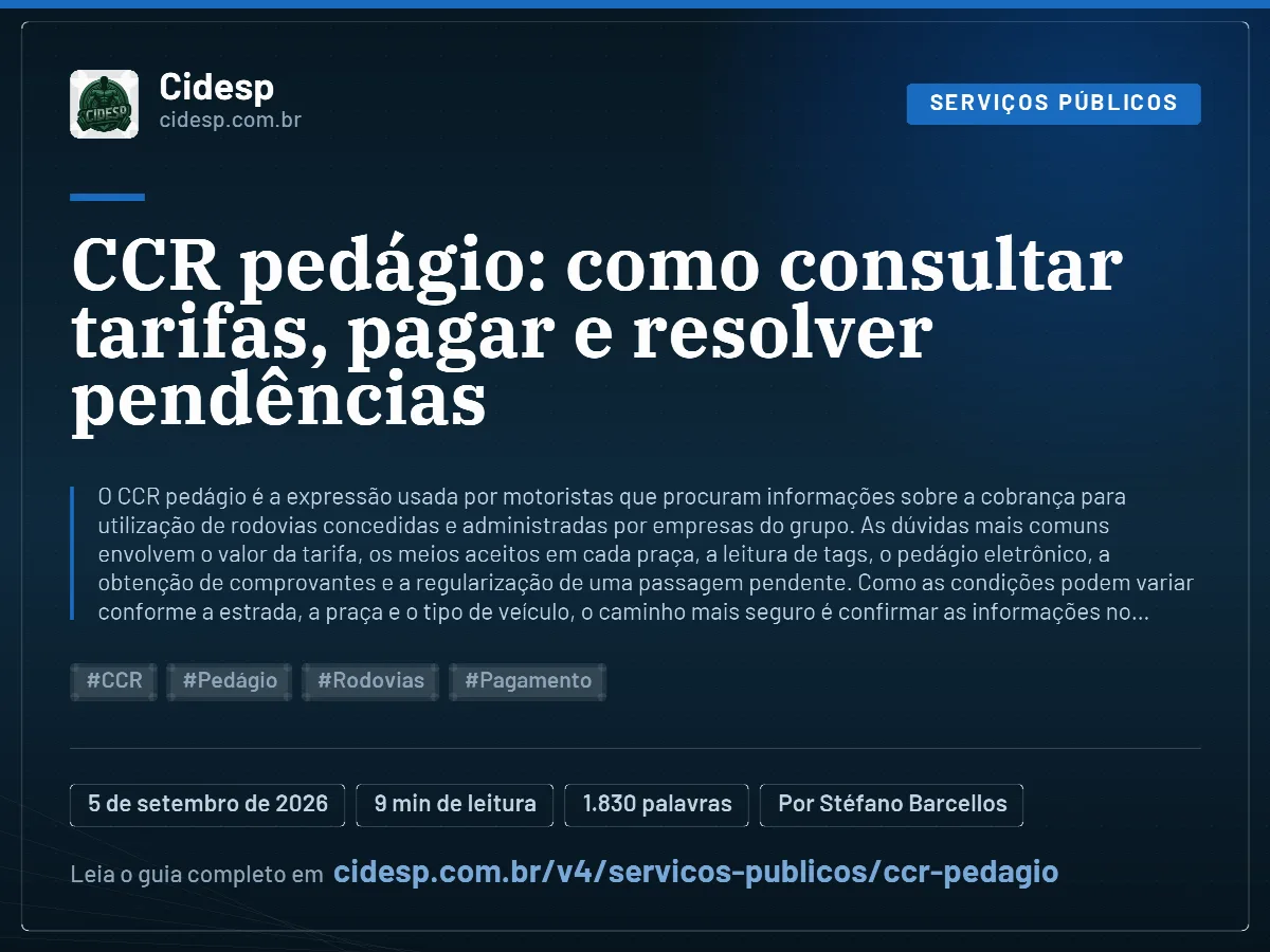 Cartão do artigo “CCR pedágio: como consultar tarifas, pagar e resolver pendências”, com resumo, data de publicação e endereço da página.