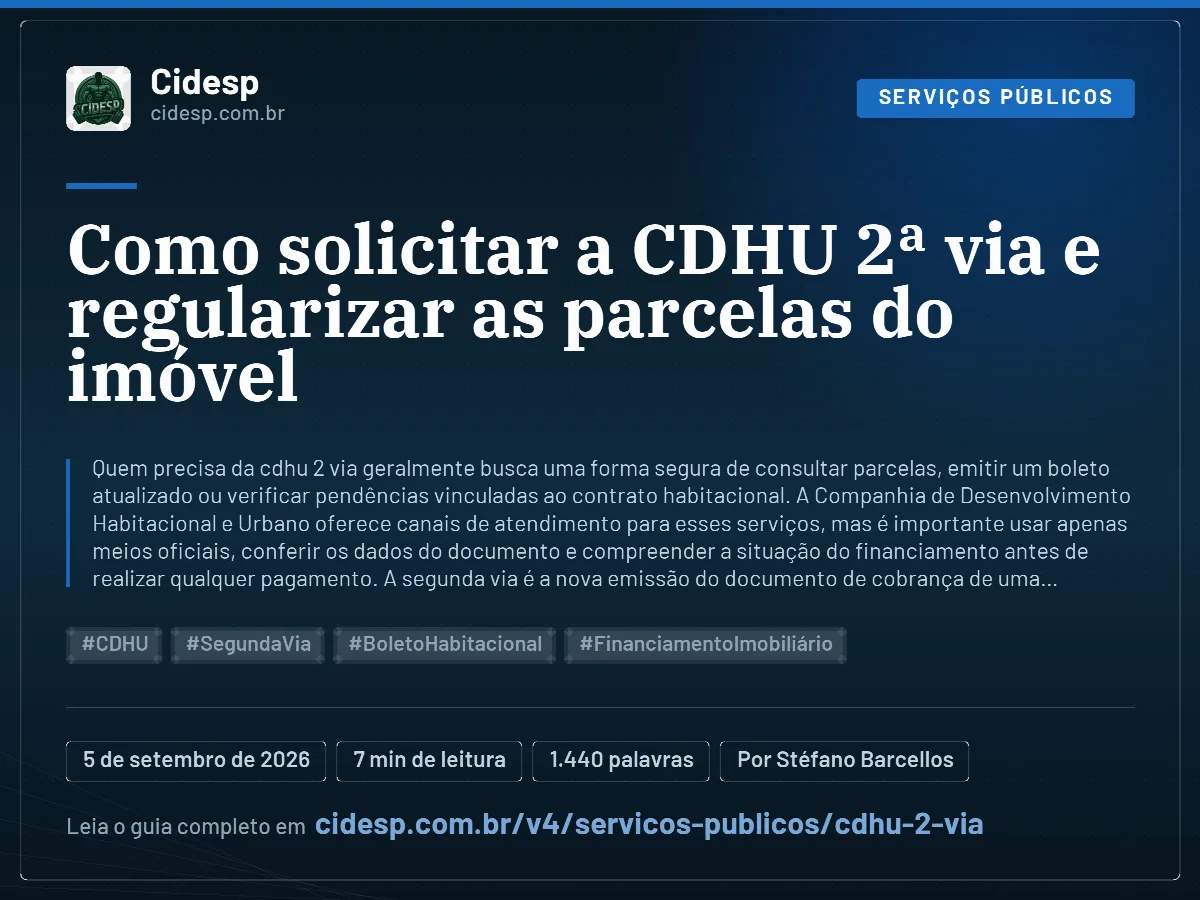 Cartão do artigo “Como solicitar a CDHU 2ª via e regularizar as parcelas do imóvel”, com resumo, data de publicação e endereço da página.