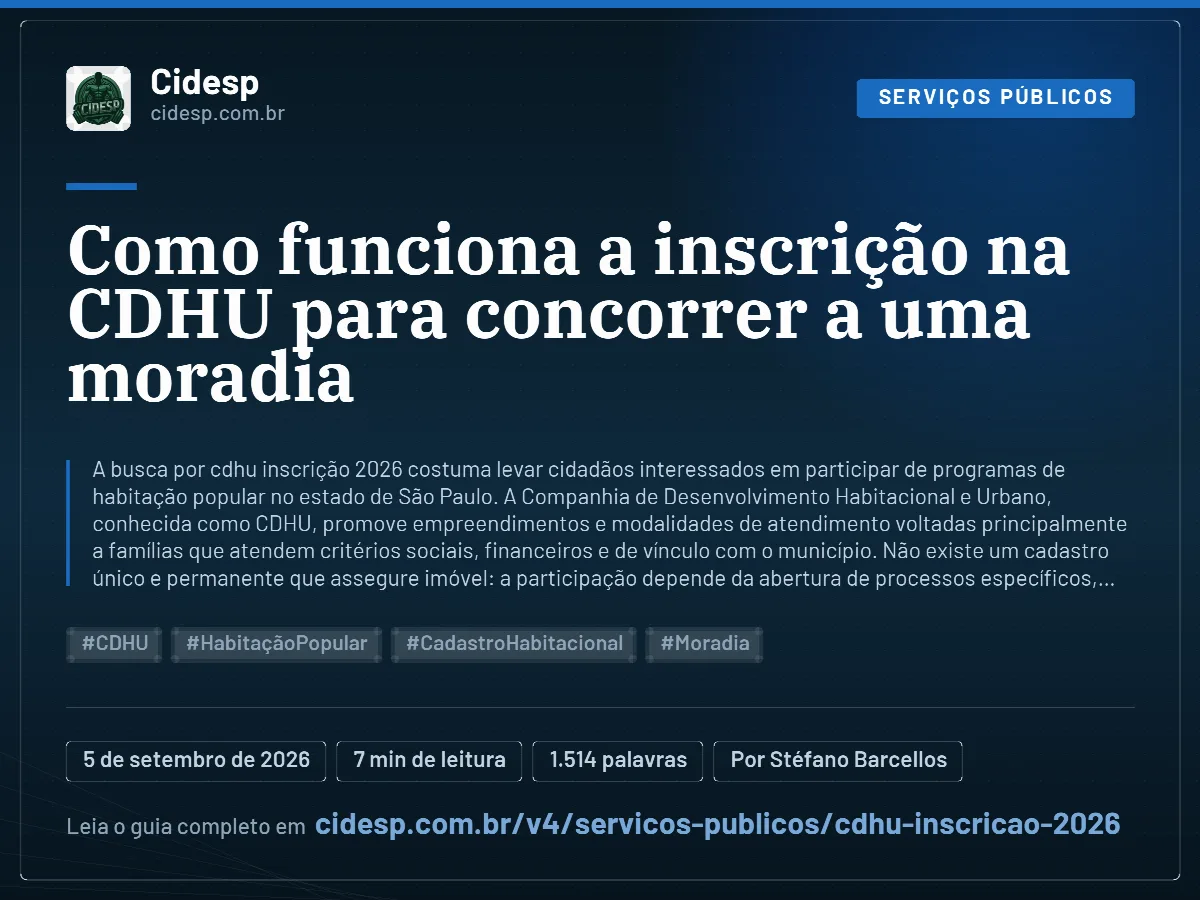 Cartão do artigo “Como funciona a inscrição na CDHU para concorrer a uma moradia”, com resumo, data de publicação e endereço da página.