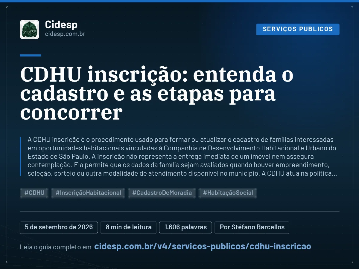 Cartão do artigo “CDHU inscrição: entenda o cadastro e as etapas para concorrer”, com resumo, data de publicação e endereço da página.
