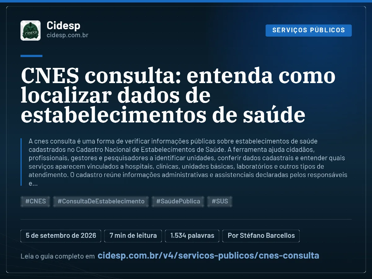 Cartão do artigo “CNES consulta: entenda como localizar dados de estabelecimentos de saúde”, com resumo, data de publicação e endereço da página.