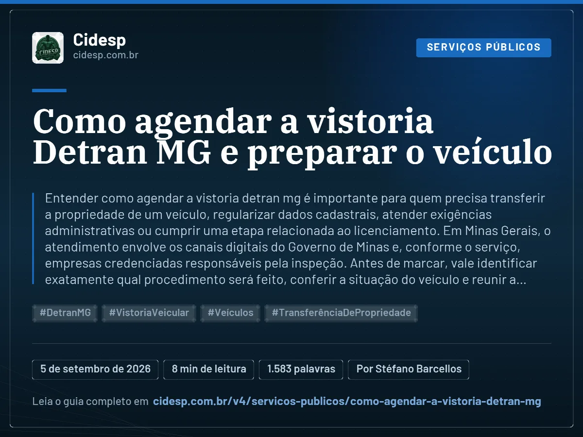 Cartão do artigo “Como agendar a vistoria Detran MG e preparar o veículo”, com resumo, data de publicação e endereço da página.