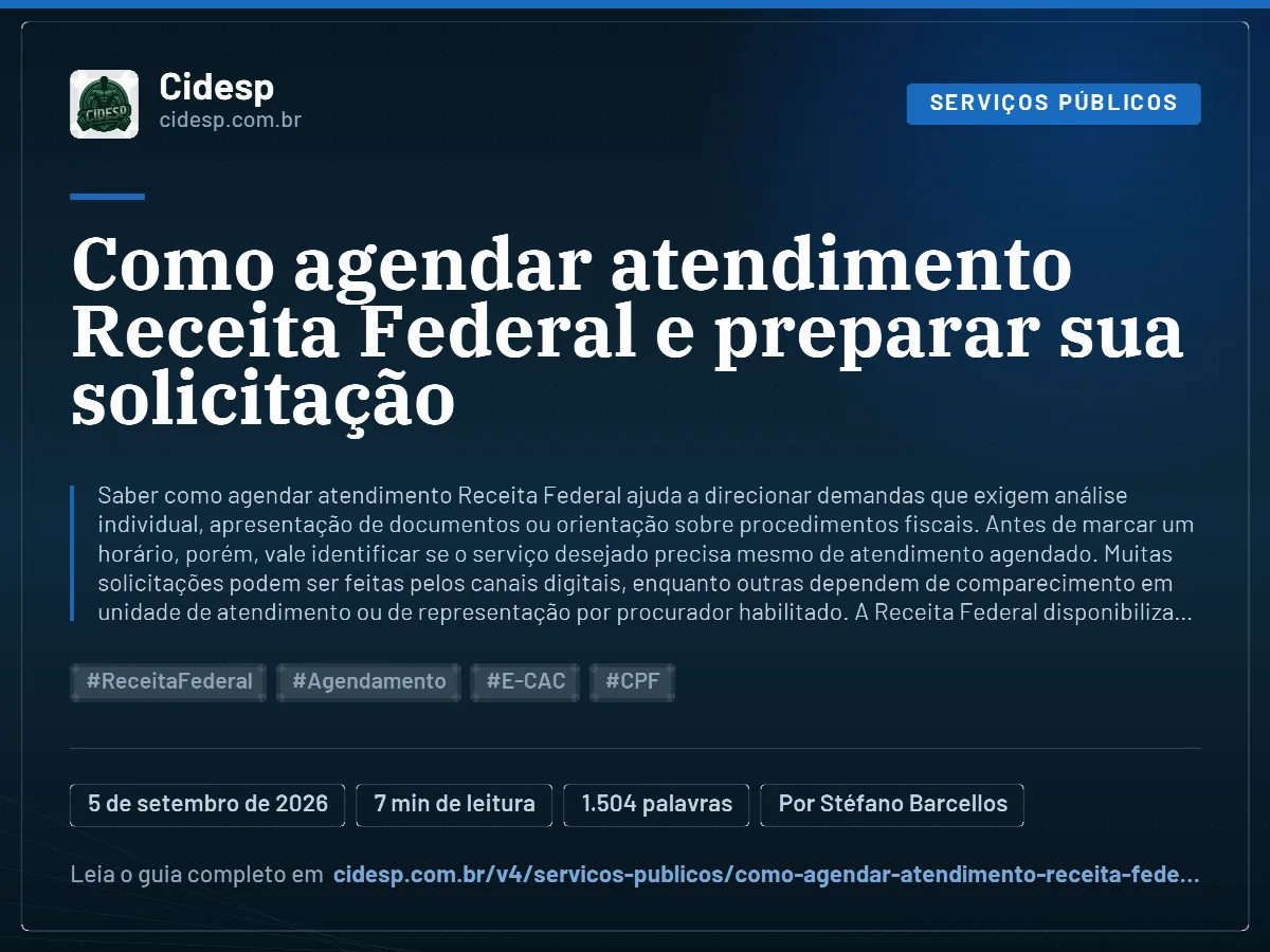 Cartão do artigo “Como agendar atendimento Receita Federal e preparar sua solicitação”, com resumo, data de publicação e endereço da página.